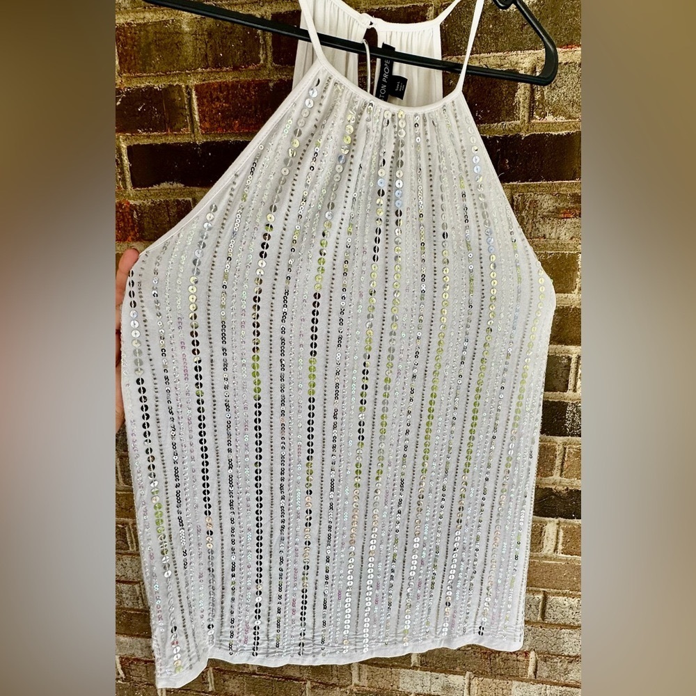 🩶Ladies Boston Proper Sequins White Lg  Sparkly Halter ~ $ SALE PRICE‼️